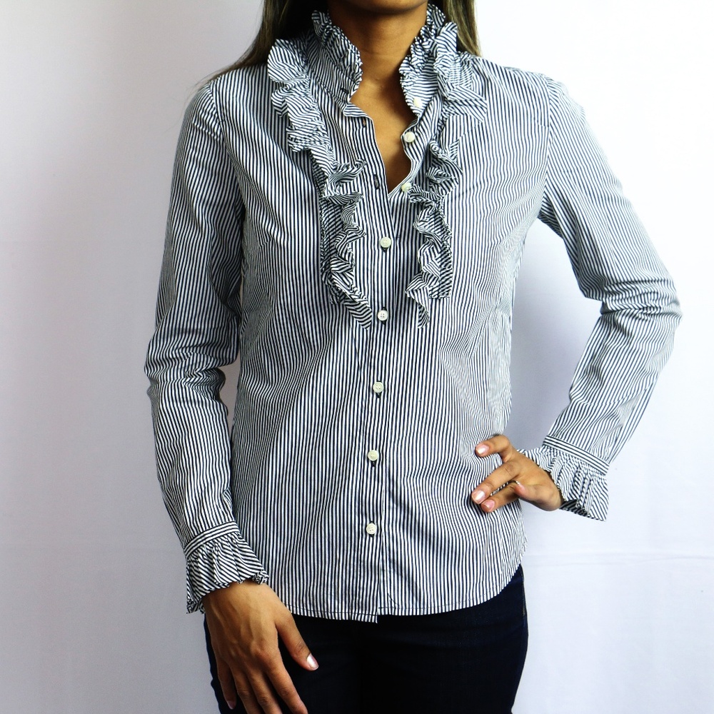 J. Crew Black & White Striped Shirt with Ruffles